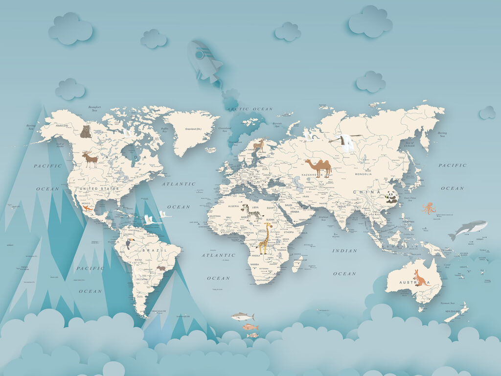 Wereldkaart tussen wolken, bergen — volledig ontwerp