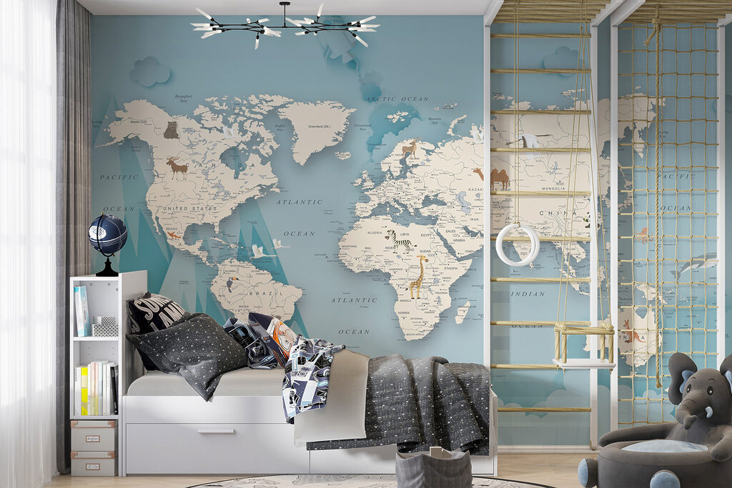 Wereldkaart tussen wolken, bergen — interieur 10
