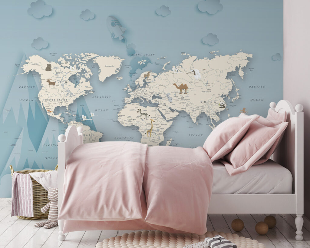 Wereldkaart tussen wolken, bergen — interieur 2