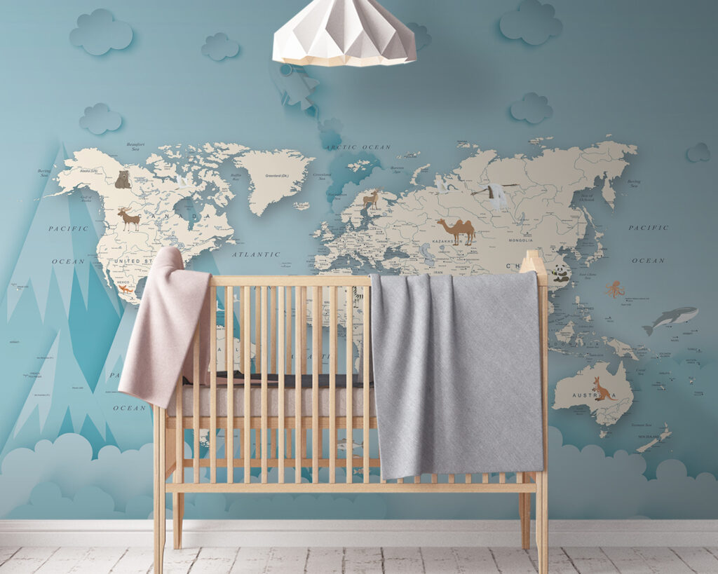 Wereldkaart tussen wolken, bergen — interieur 3