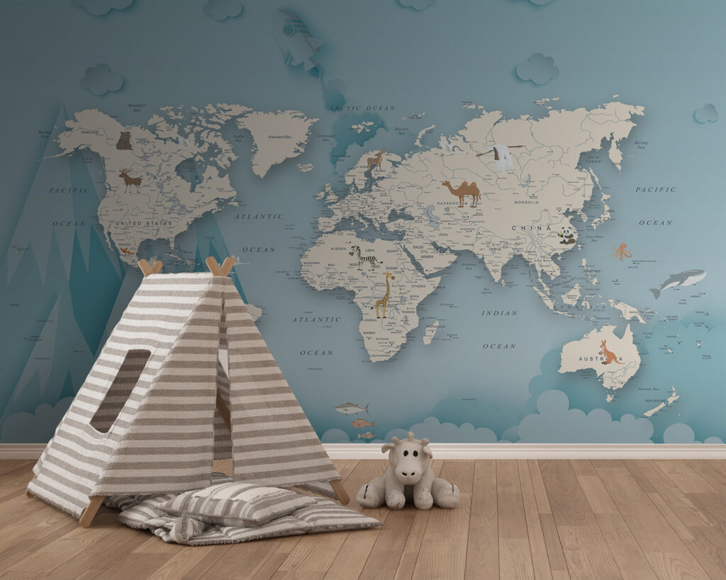 Wereldkaart tussen wolken, bergen — interieur 4