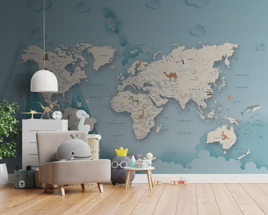 Wereldkaart tussen wolken, bergen — interieur 5