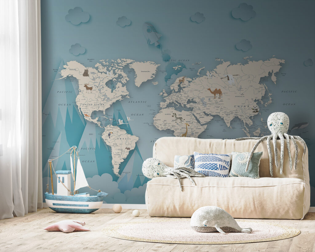 Wereldkaart tussen wolken, bergen — interieur 6