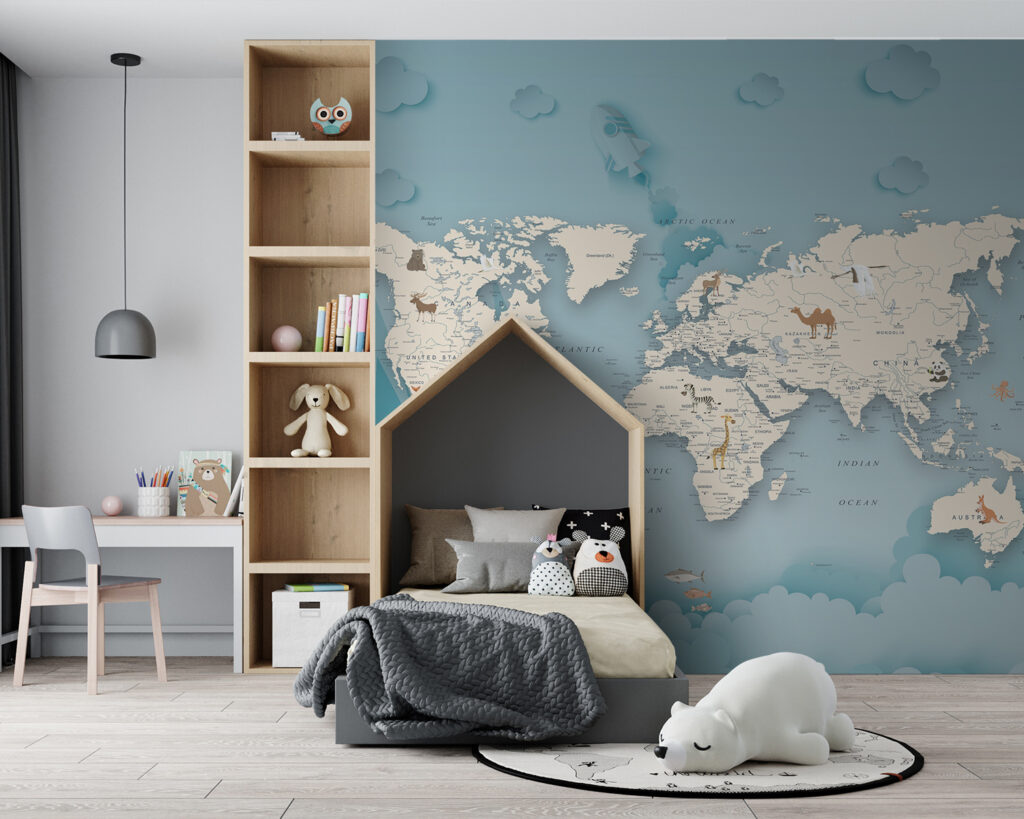 Wereldkaart tussen wolken, bergen — interieur 7