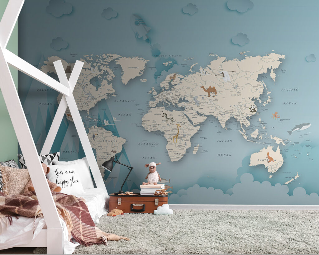 Wereldkaart tussen wolken, bergen — interieur 8