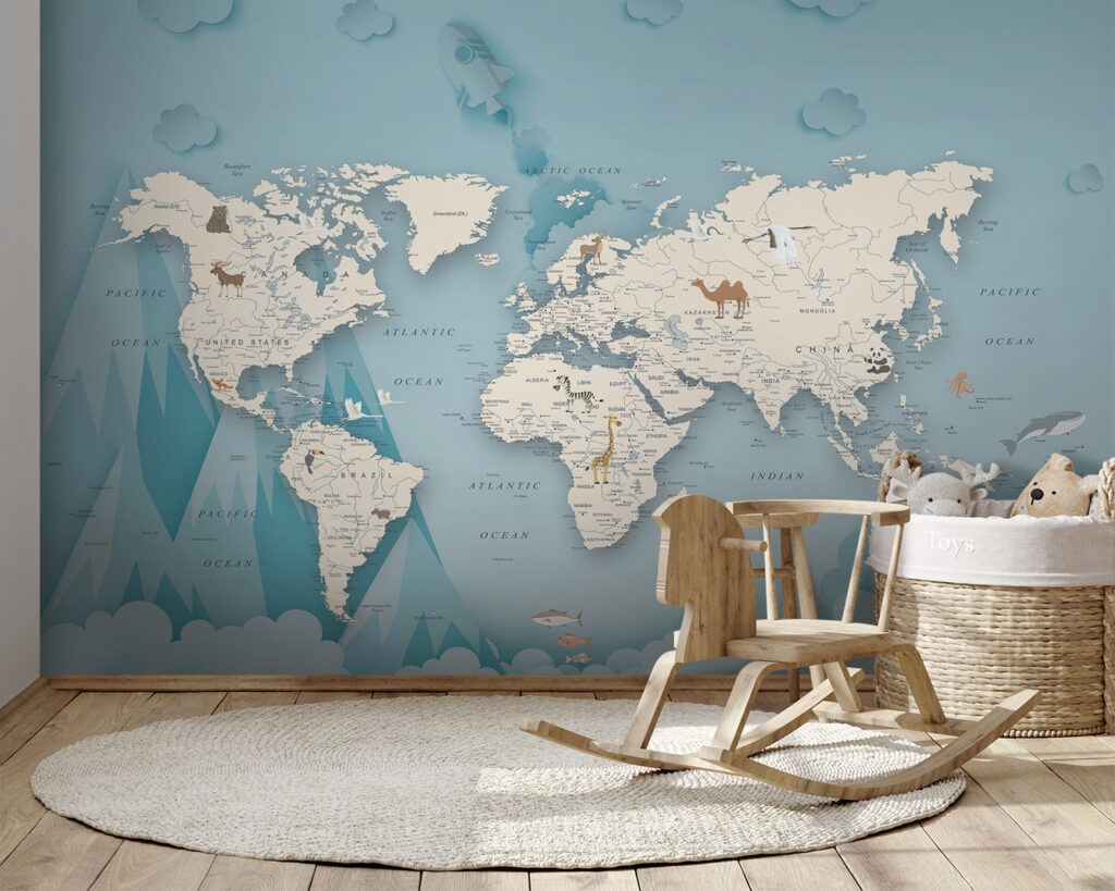 Wereldkaart tussen wolken, bergen — interieur 9
