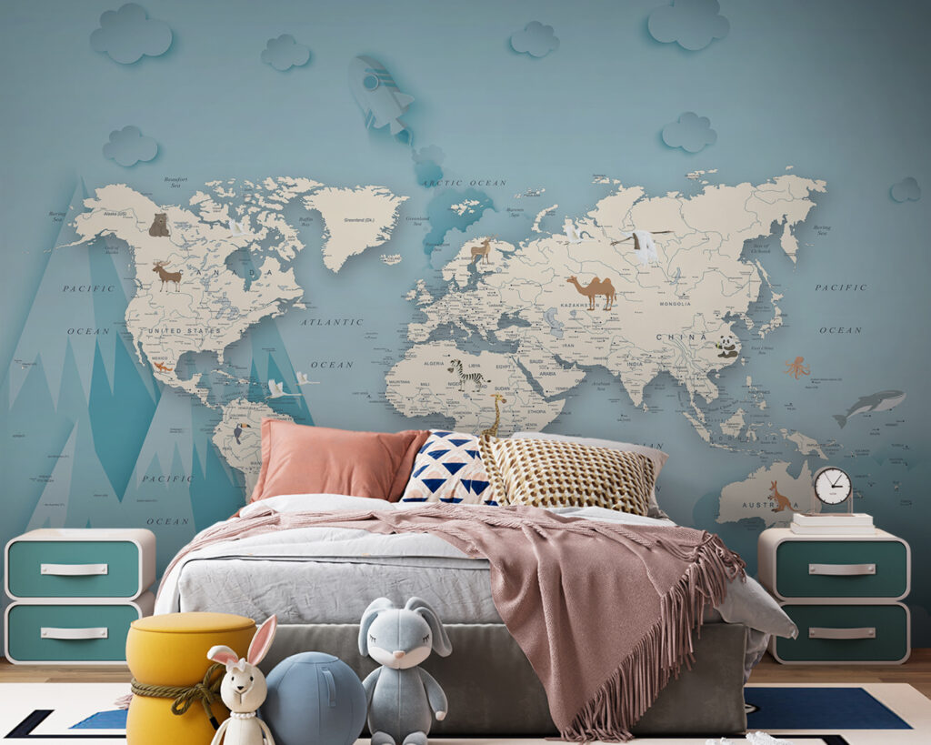 Wereldkaart tussen wolken, bergen — interieur 1