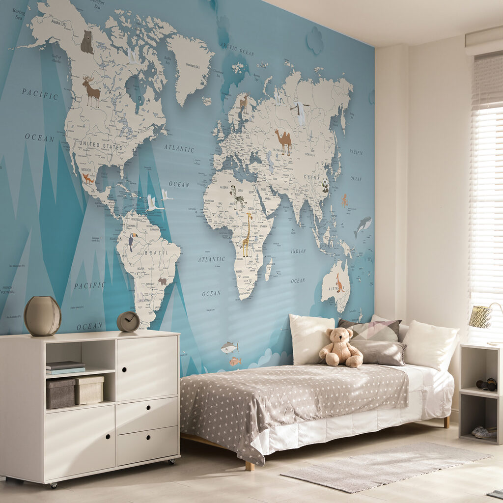 Wereldkaart tussen wolken, bergen — interieur 11