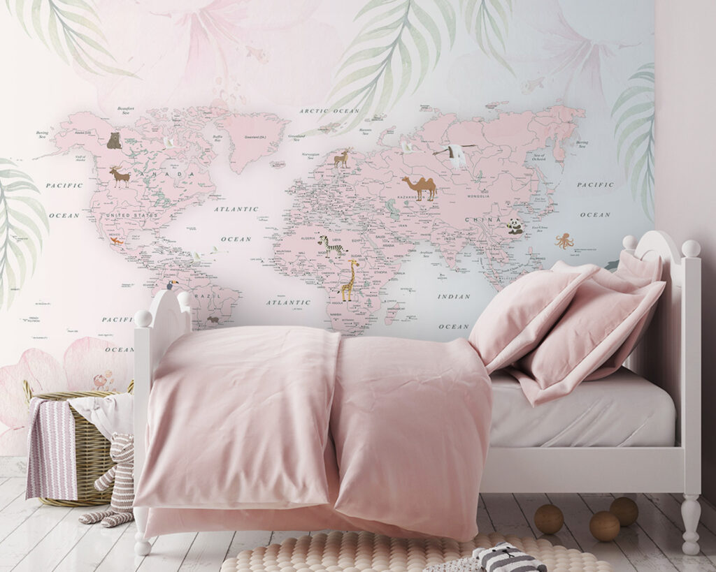 Wereldkaart tussen pastelbladeren — interieur 2