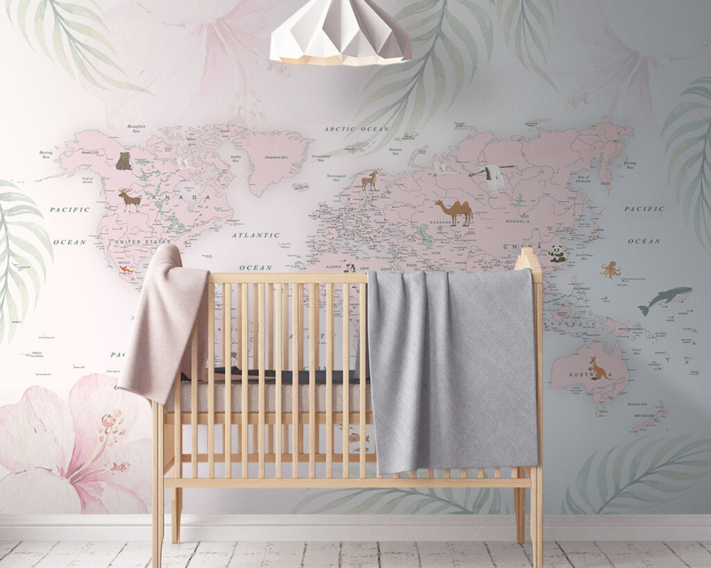 Wereldkaart tussen pastelbladeren — interieur 3