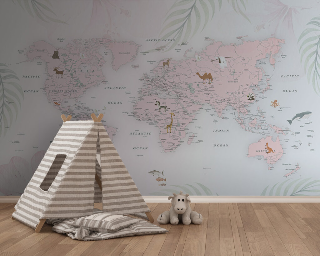 Wereldkaart tussen pastelbladeren — interieur 4