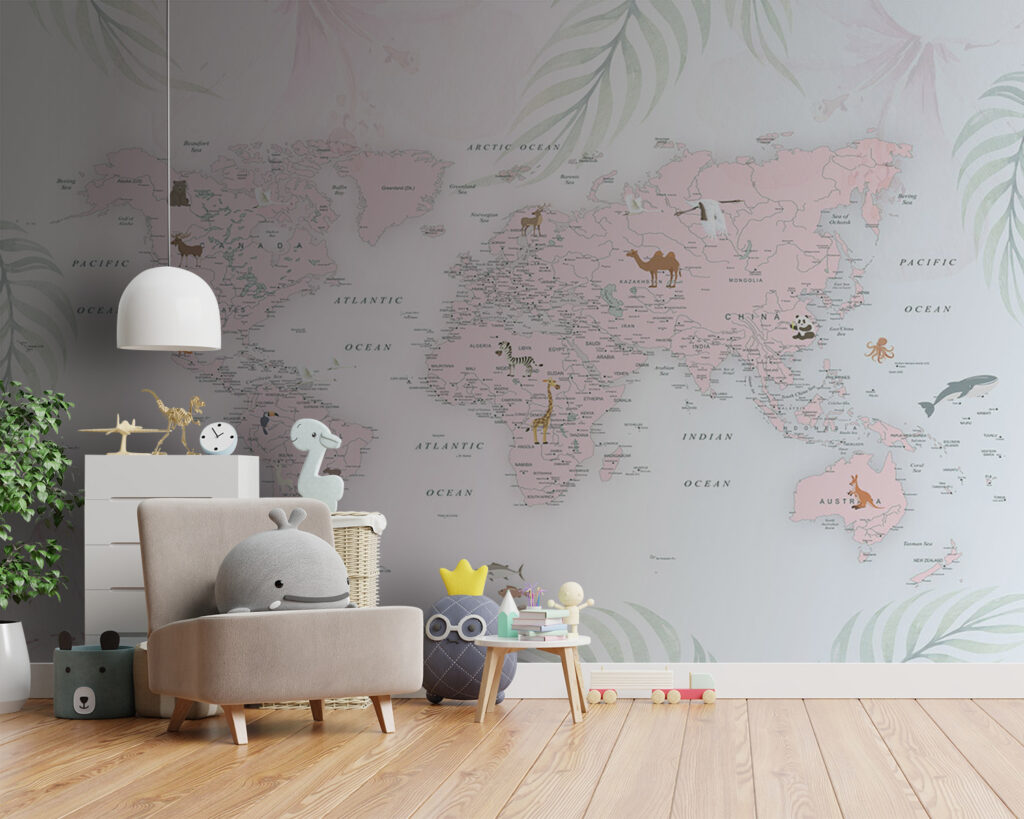 Wereldkaart met dieren in een interieur