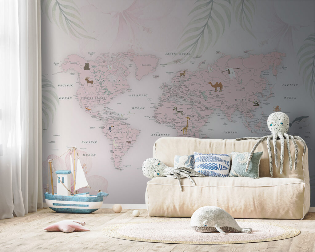 Wereldkaart tussen pastelbladeren — interieur 5