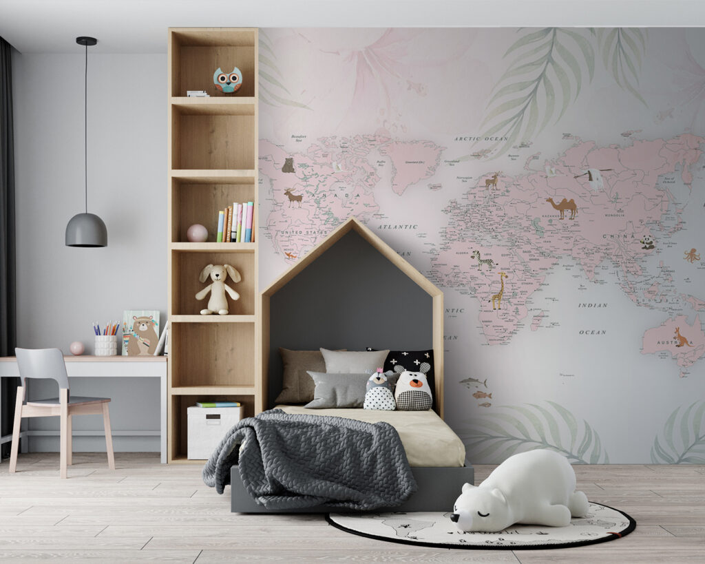 Wereldkaart tussen pastelbladeren — interieur 6