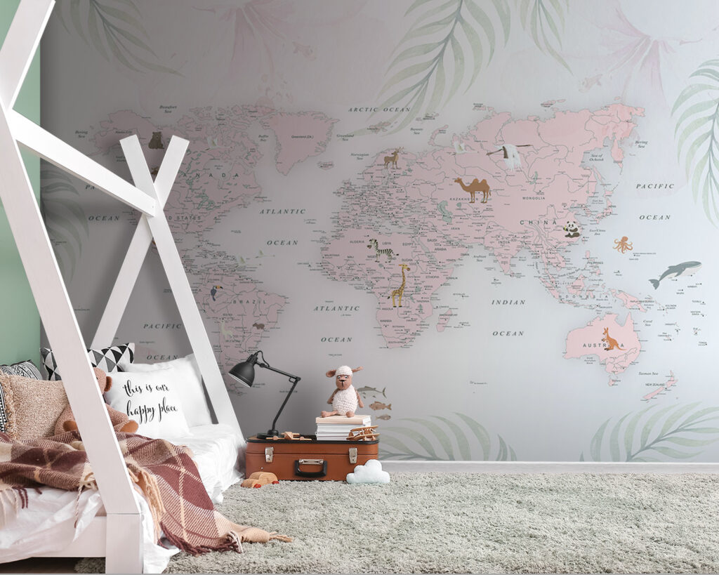 Wereldkaart tussen pastelbladeren — interieur 7