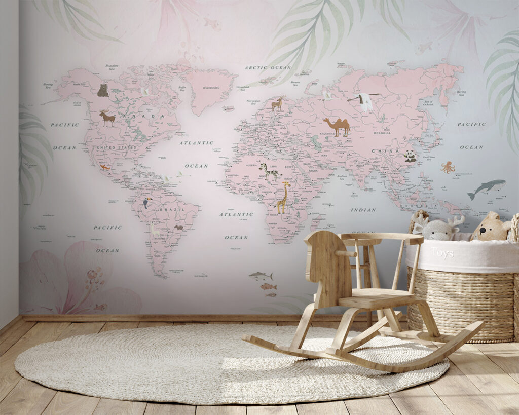 Wereldkaart tussen pastelbladeren — interieur 8