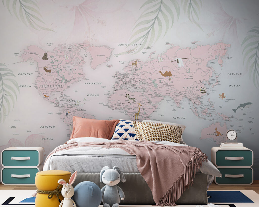 Wereldkaart tussen pastelbladeren — interieur 9