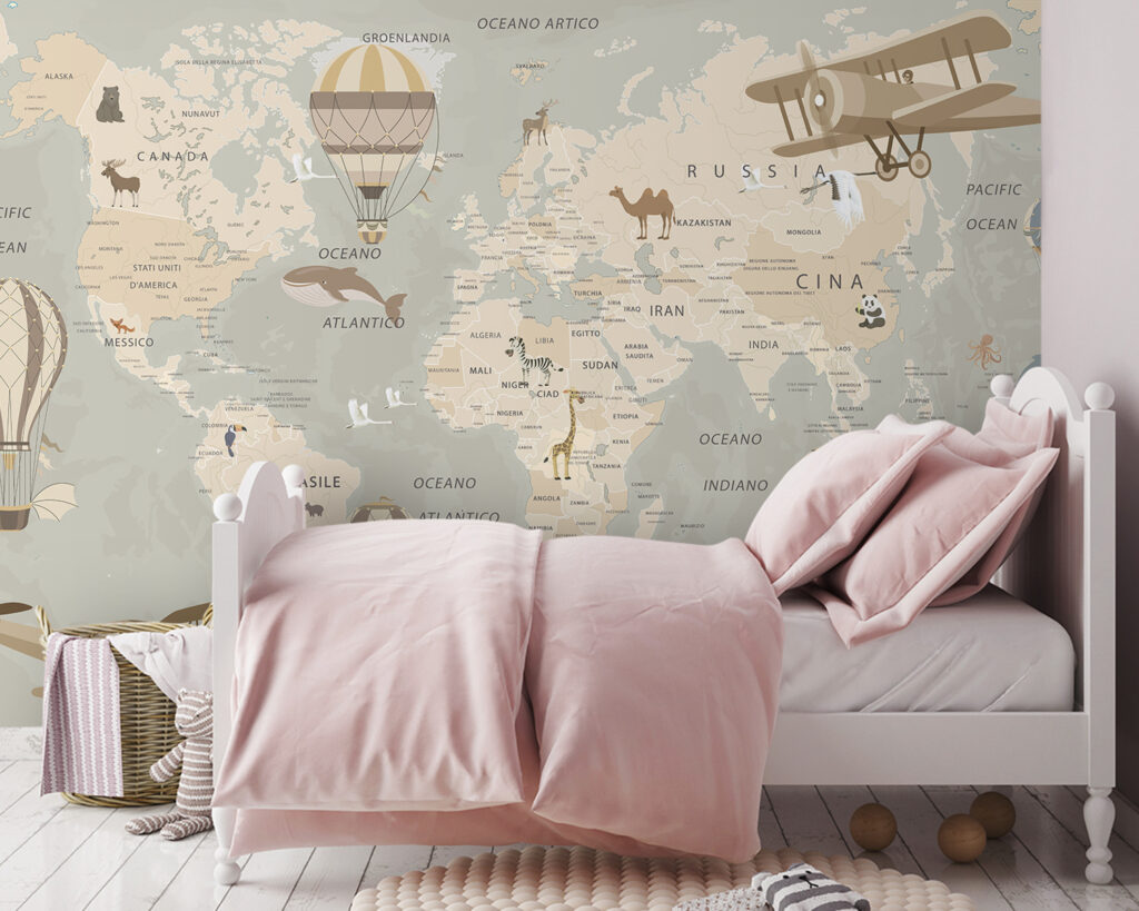 Vliegtuigen boven bleke wereldkaart — interieur 2