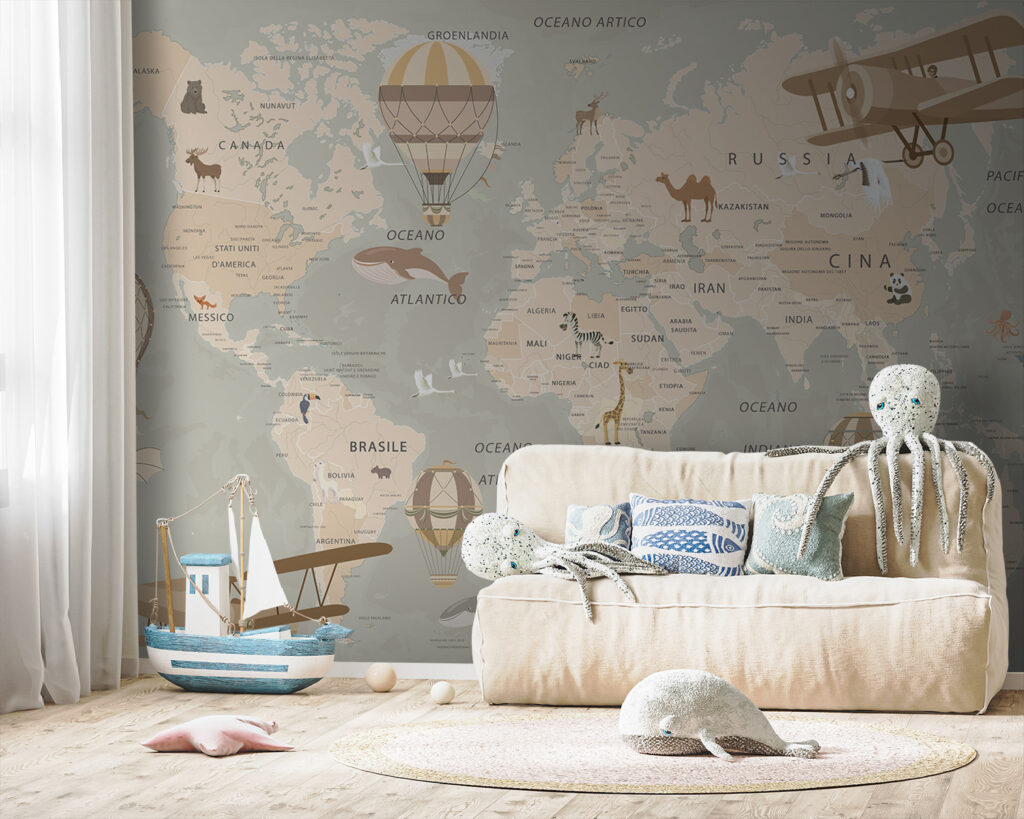 Vliegtuigen boven bleke wereldkaart — interieur 1