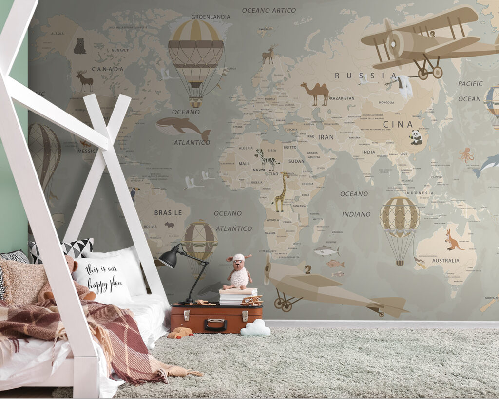 Vliegtuigen boven bleke wereldkaart — interieur 3
