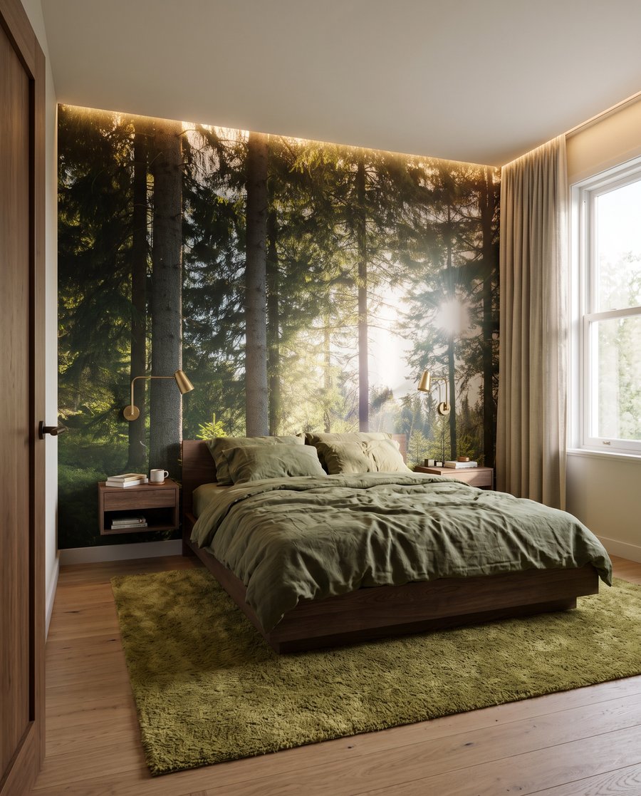 Zonlicht dat door weelderige bomen schijnt in een interieur