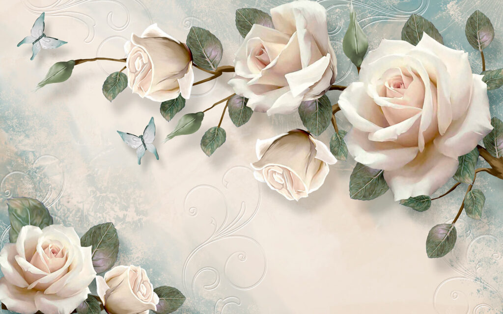 Roomwitte rozen met vlinders — volledig ontwerp