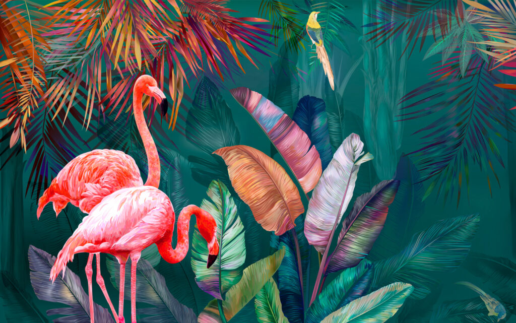 Flamingo's in kleurrijke bladertuin — volledig ontwerp