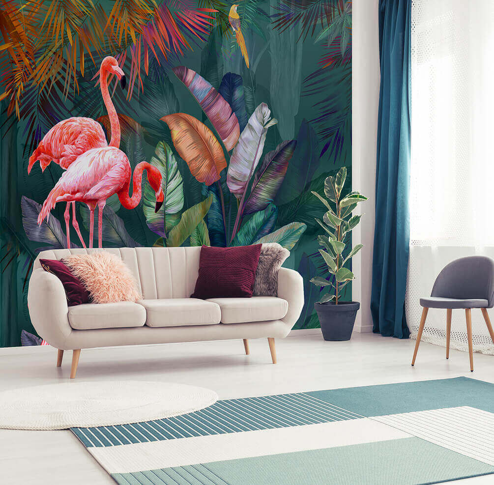 Flamingo's in kleurrijke bladertuin — interieur 1