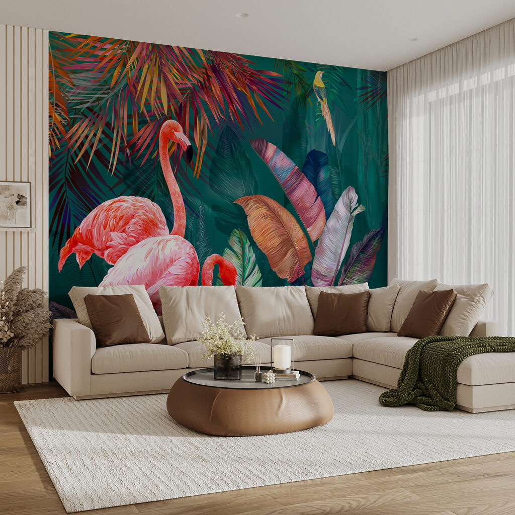 Flamingo's in kleurrijke bladertuin — interieur 2