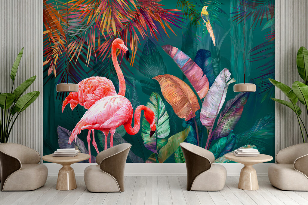 Flamingo's in kleurrijke bladertuin — interieur 3