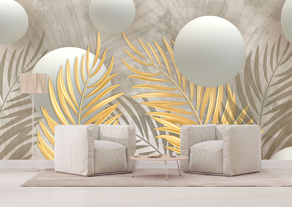 Ontwerp met tropische bladeren en zachte bolletjes in een interieur
