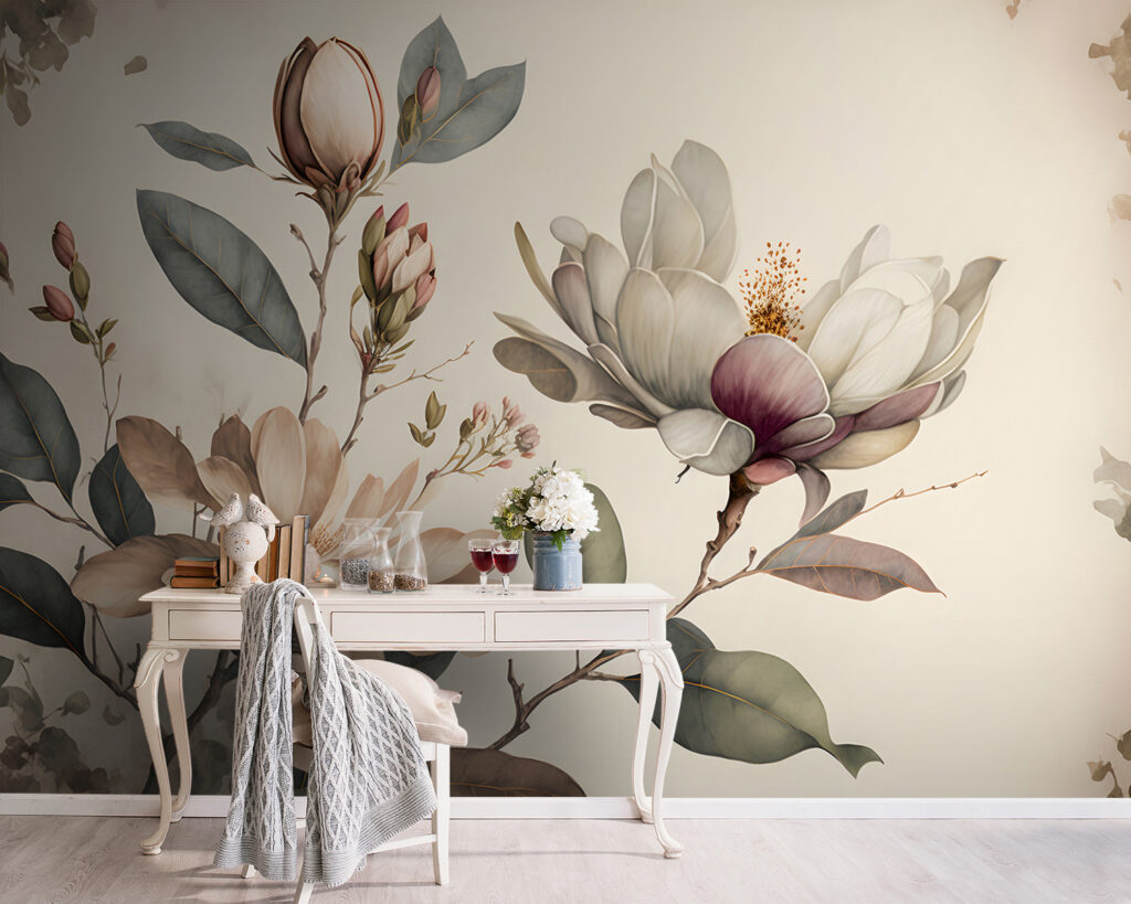 Elegante magnolia bloeit in zachte tinten in een interieur