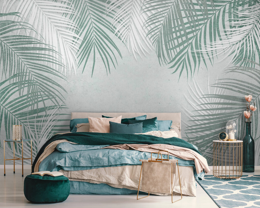 Palmveren rond lichtgrijze ruimte — interieur 2