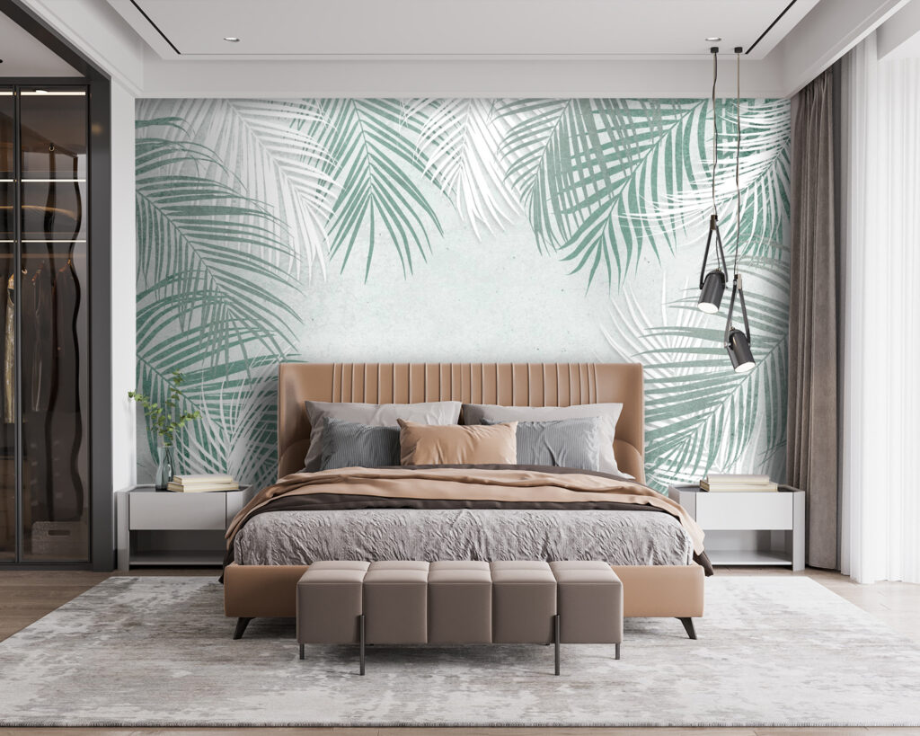 Palmveren rond lichtgrijze ruimte — interieur 3
