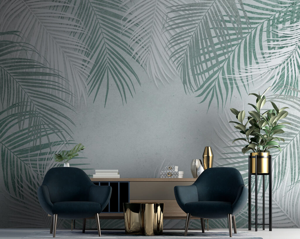 Palmveren rond lichtgrijze ruimte — interieur 4