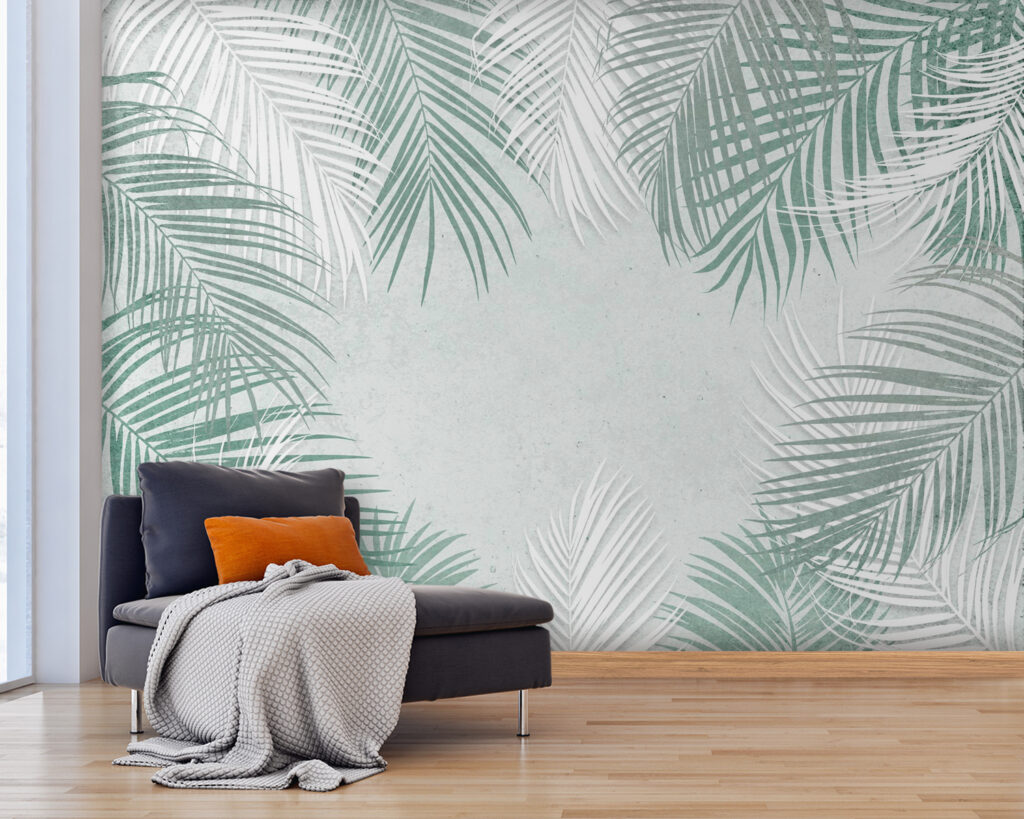 Palmveren rond lichtgrijze ruimte — interieur 6