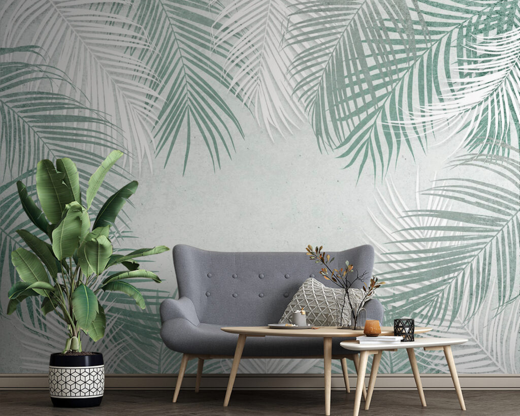 Palmveren rond lichtgrijze ruimte — interieur 7