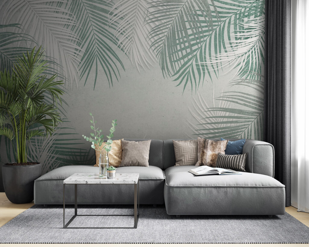Palmveren rond lichtgrijze ruimte — interieur 9