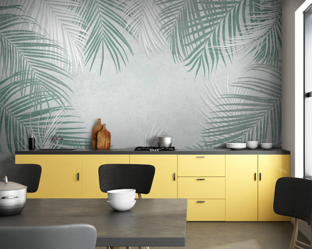 Palmveren rond lichtgrijze ruimte — interieur 1