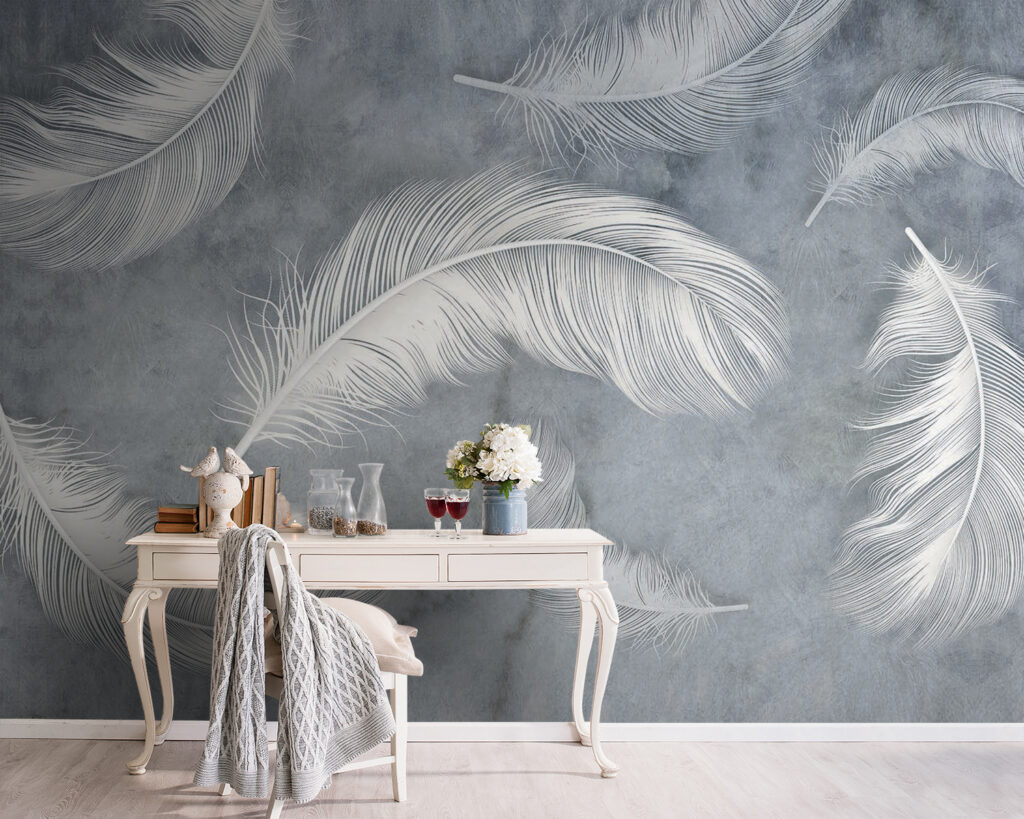 Witte veren in grijsnevel — interieur 1