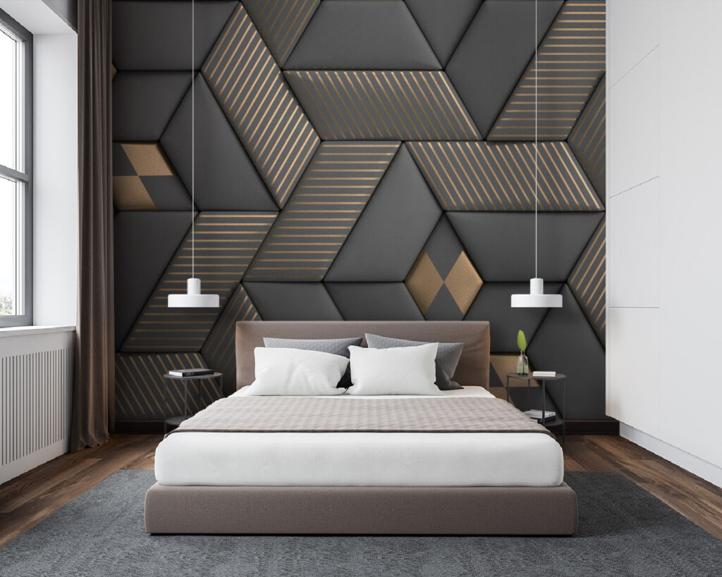 Geometrische elegantie in grijstinten en messing in een interieur
