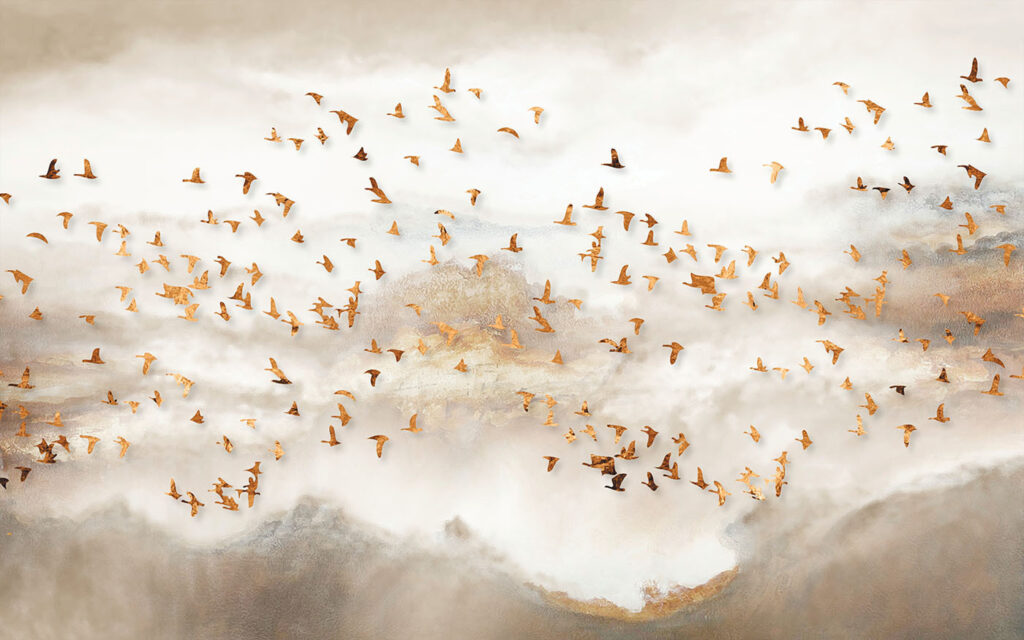 Vogelzwerm in gouden bergnevel — volledig ontwerp