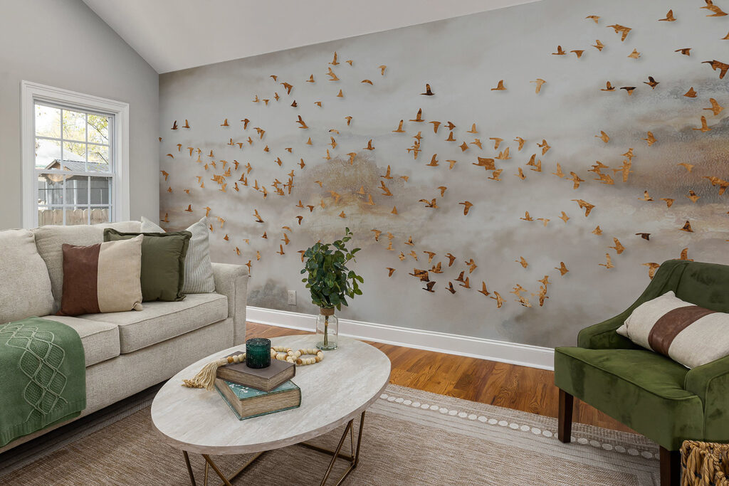 Vogelzwerm in gouden bergnevel — interieur 6