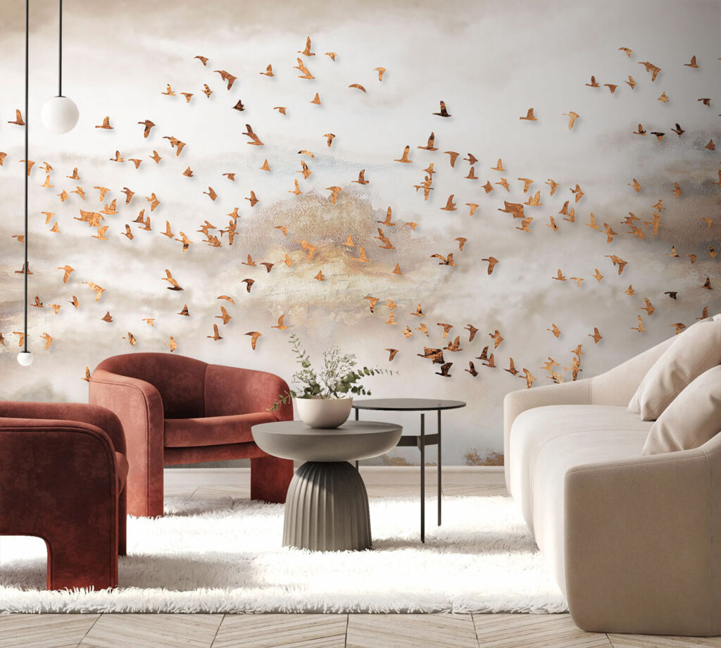 Vogelzwerm in gouden bergnevel — interieur 3