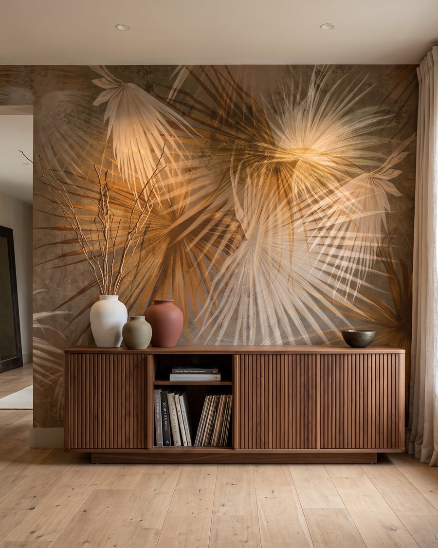 Tropische bladeren in aardetinten in een interieur