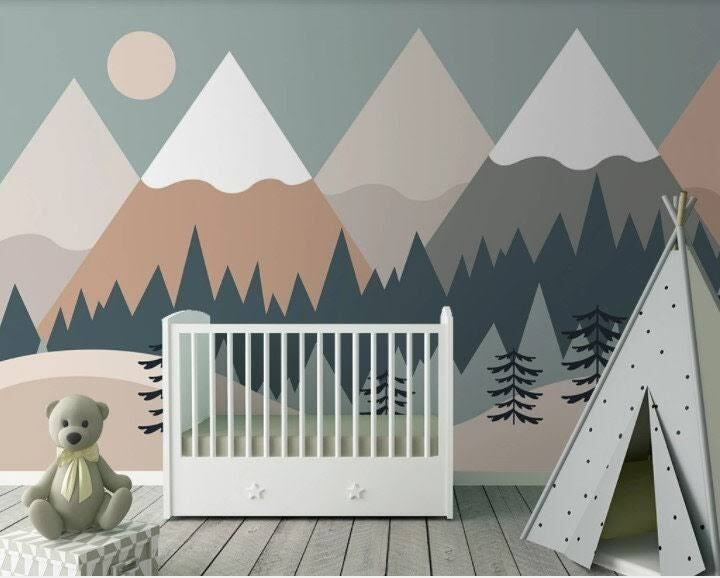 Berglandschap met bomen en bergen in een interieur