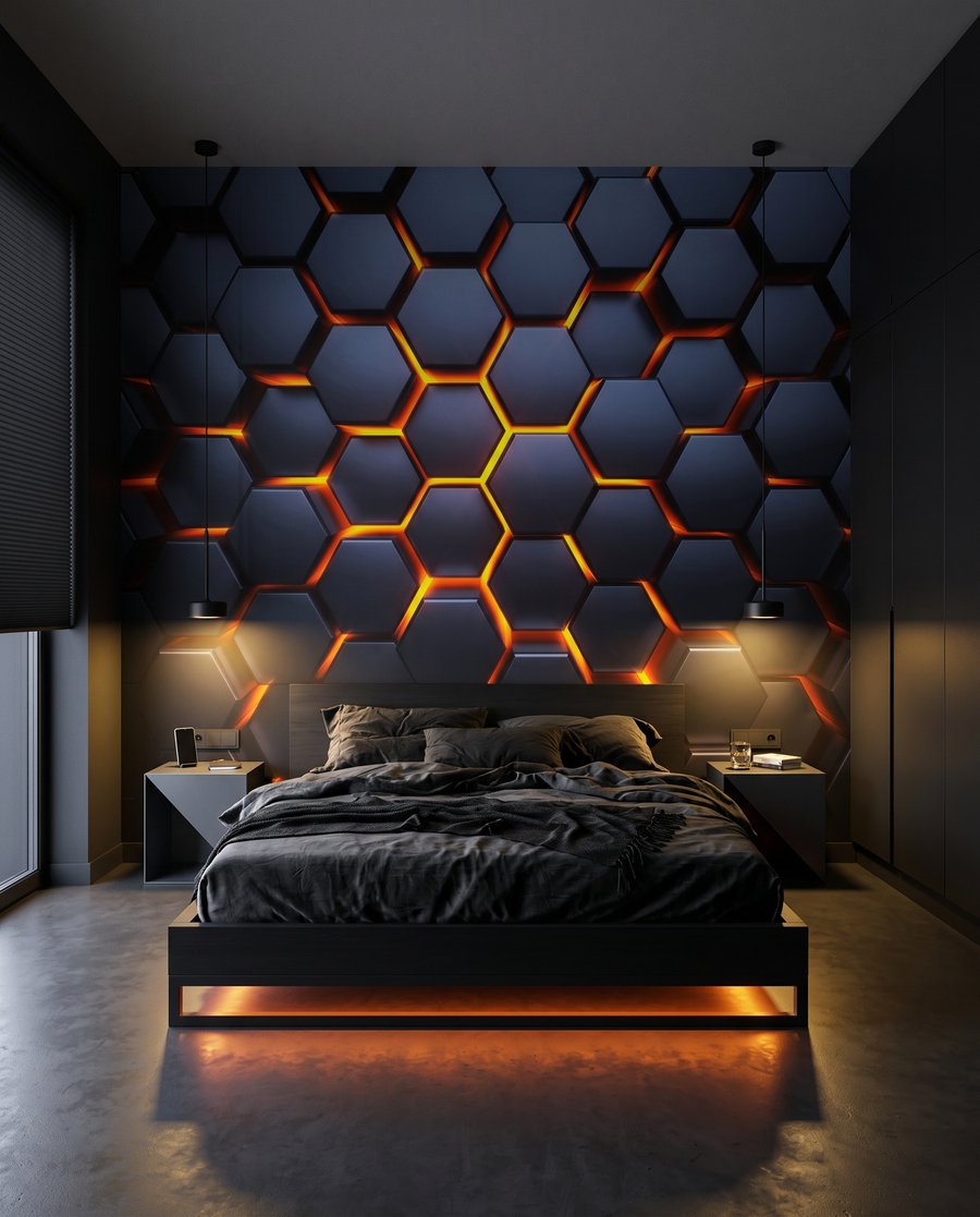 Gloed tussen blauwe zeshoeken in een interieur