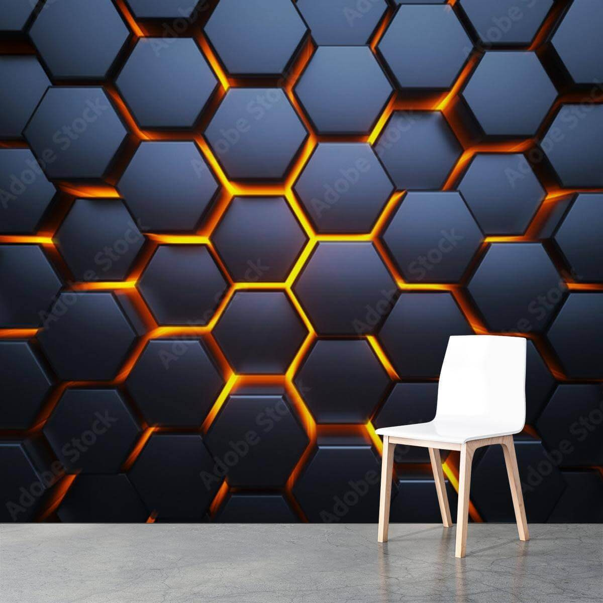 Zwarte zeshoeken met oranje lichtjes in een interieur