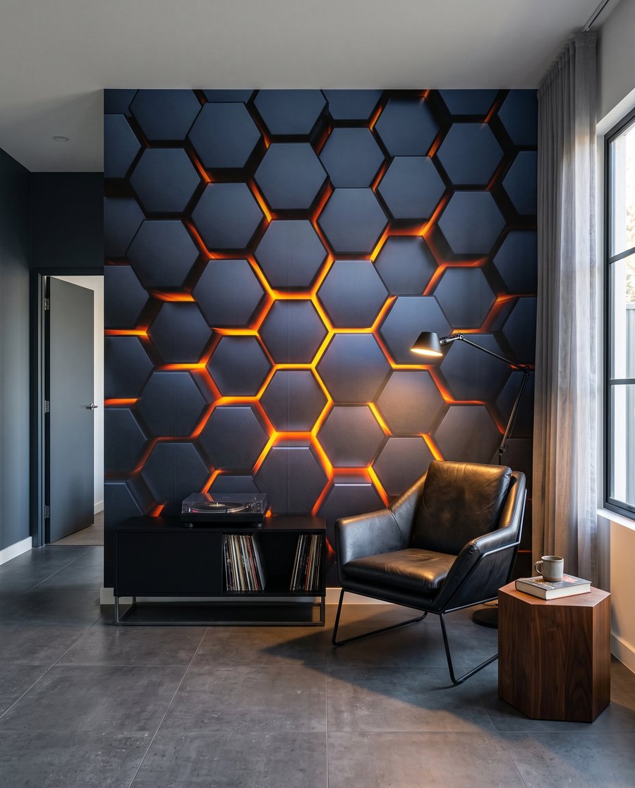 Gloed tussen blauwe zeshoeken in een interieur