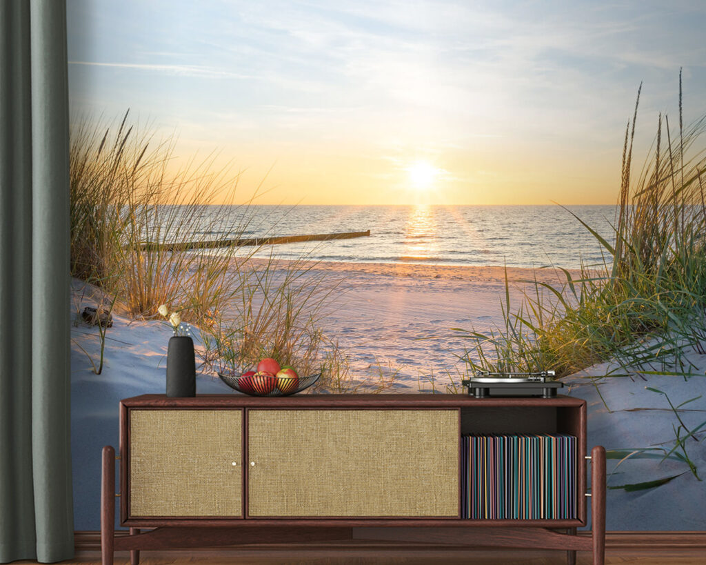 Strand met gras en water in een interieur